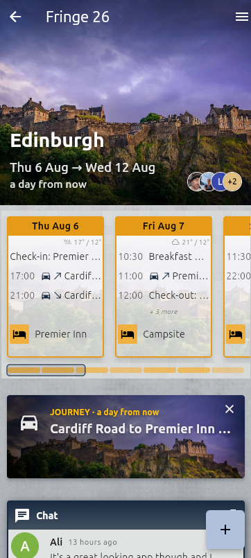 A trip itinerary with journeys between stops and a travel banner for the next leg.