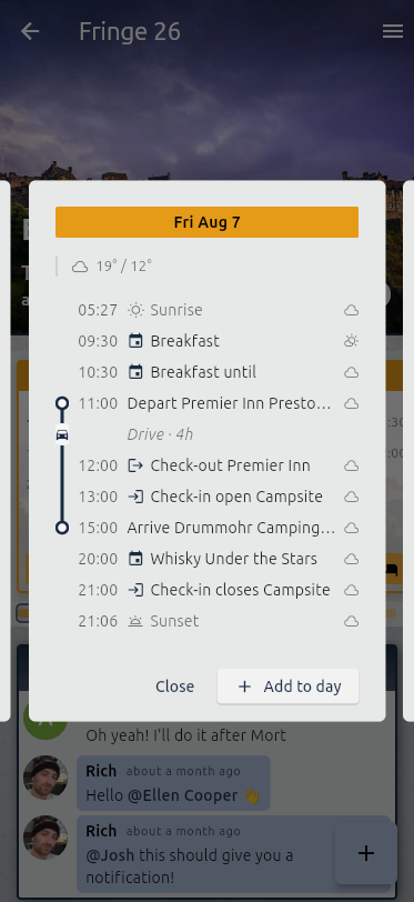 A day in a Pack Animal trip: sunrise and sunset, the day's weather, check-in and check-out times, a drive between two stops, and the evening's plans, all on one timeline.